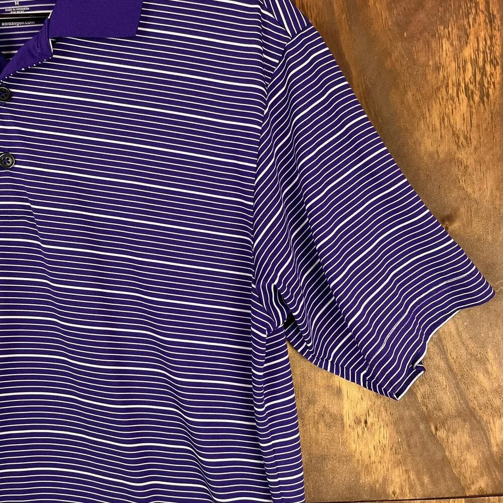 Adidas ClimaLite Mens Polo Purple White Stripe Short Sleeve Polyester Medium